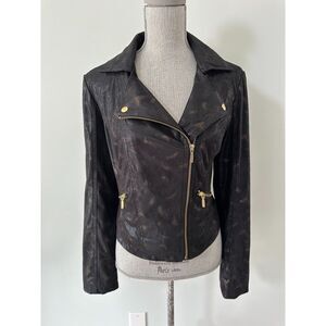 Rock & Republic Asymmetrical Moto Jacket Black Gold Faux Leather Snakeskin Large